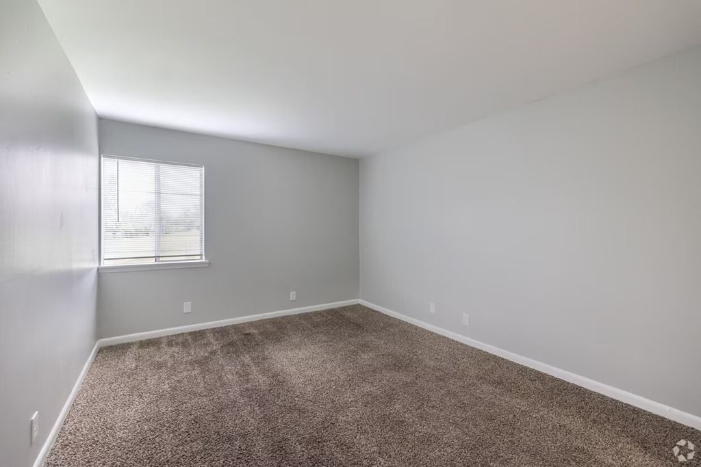 A room with a carpeted floor and a window with blinds.