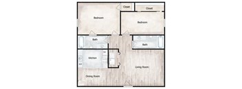 A floor plan of a house with two bedrooms, a living room, a dining room, a kitchen, and two bathrooms.