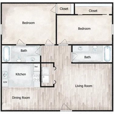 A floor plan of a house with two bedrooms, a living room, a dining room, a kitchen, and two bathrooms.