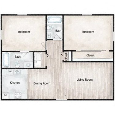 A floor plan of a house with a kitchen, dining room, living room, and three bedrooms.