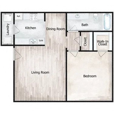 A floor plan of a house with a living room, dining room, kitchen, bedroom, bath, closet, and laundry area.