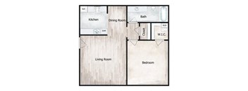 A floor plan of a house with a kitchen, dining room, living room, bedroom, bath, closet, and W.I.C.
