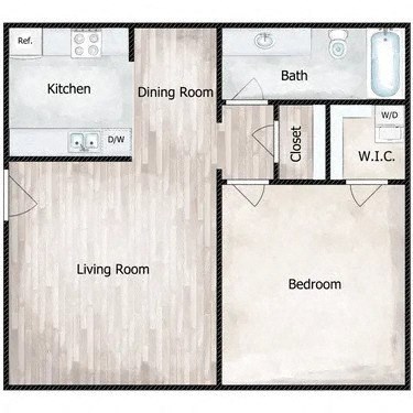 A floor plan of a house with a kitchen, dining room, living room, bedroom, bath, closet, and W.I.C.
