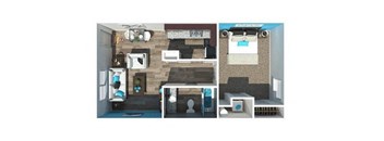 A 3D rendered image of a modern apartment interior.