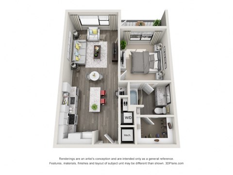 A 3D floor plan of a small apartment with a kitchen, living room, and bathroom.