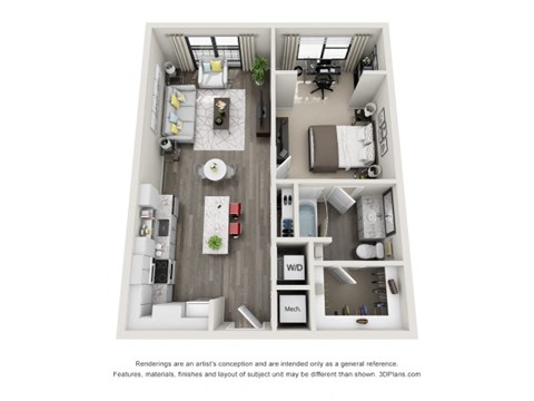 A 3D floor plan of a small apartment with a kitchen, living room, and bedroom.
