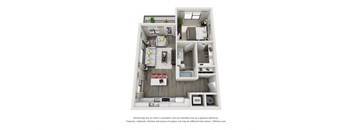 A 3D floor plan of a small apartment with a kitchen, living room, and bathroom.