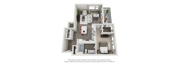 A 3D floor plan of a small apartment with a kitchen, living room, and bathroom.