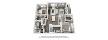 A 3D floor plan of a small apartment with a kitchen, living room, and bathroom.