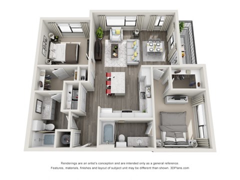 A 3D floor plan of a small apartment with a kitchen, living room, and bathroom.