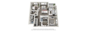 A 3D floor plan of a small apartment with a kitchen, living room, and bathroom.