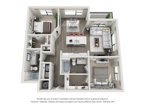 A 3D floor plan of a small apartment with a kitchen, living room, and bathroom.