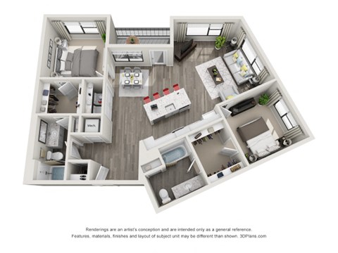 A 3D floor plan of a house with multiple rooms and furniture.