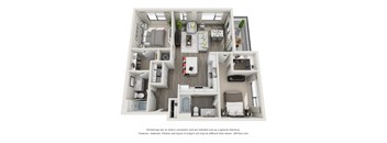 A 3D floor plan of a small apartment with a kitchen, living room, and bedroom.