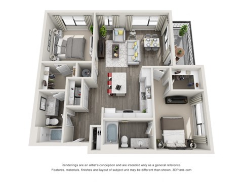 A 3D floor plan of a small apartment with a kitchen, living room, and bedroom.