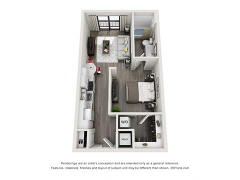 A 3D floor plan of a small apartment with a kitchen, living room, and bathroom.