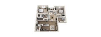 A 3D floor plan of a house with labeled rooms.