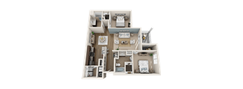 A 3D floor plan of a small apartment with two bedrooms and a living area.