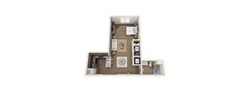 A top-down view of a small apartment layout with a kitchen, living room, and bathroom.