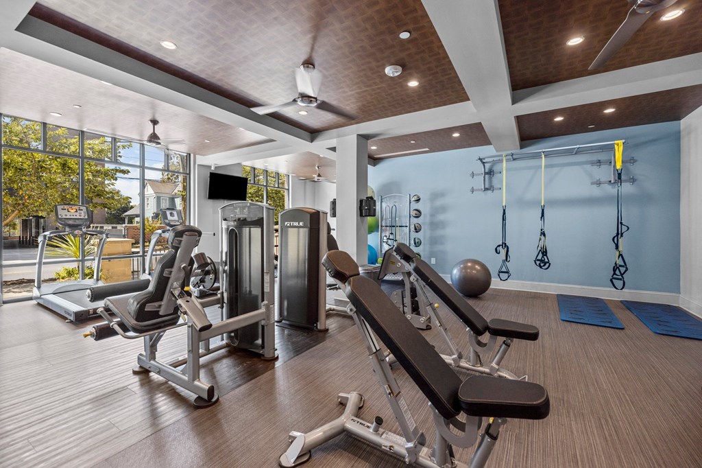 A gym with a variety of equipment including a bench press, a leg press, a squat rack, and a cable machine.