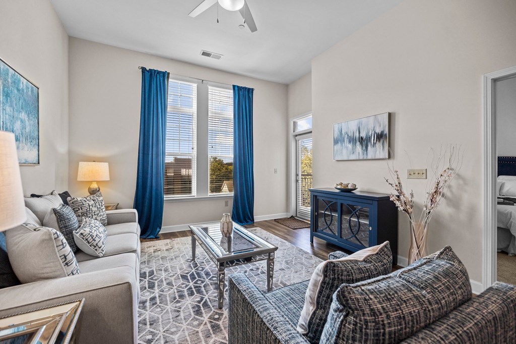A living room with a grey couch, a blue and white patterned couch, a coffee table, a side table, a ceiling fan, and a painting on the wall.