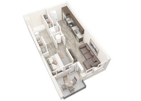 A 3D floor plan of a small apartment with a kitchen, living room, and bathroom.
