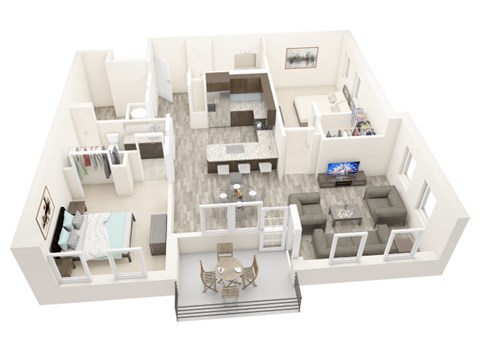 A 3D floor plan of a house with a living room, dining room, kitchen, and bedrooms.