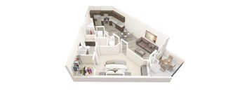 A top-down view of a modern living room with a kitchen area.