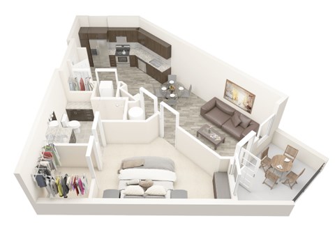 A top-down view of a modern living room with a kitchen area.