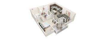 A 3D rendered image of a modern apartment layout.