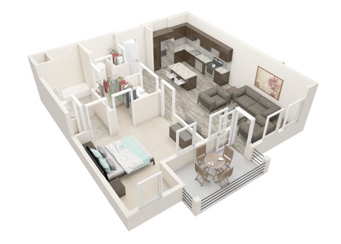 A 3D rendered image of a modern apartment layout.