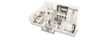 A 3D floor plan of a house with a living room, dining room, kitchen, and bedrooms.