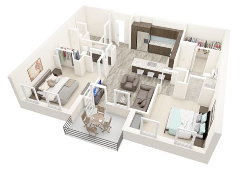 A 3D floor plan of a house with a living room, dining room, kitchen, and bedrooms.
