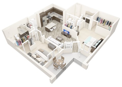 A 3D floor plan of a house with a living room, kitchen, and two bedrooms.