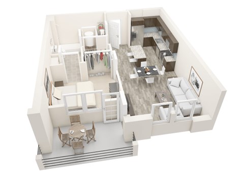 A 3D rendered image of a house interior.