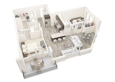 A white model of a house with furniture inside.