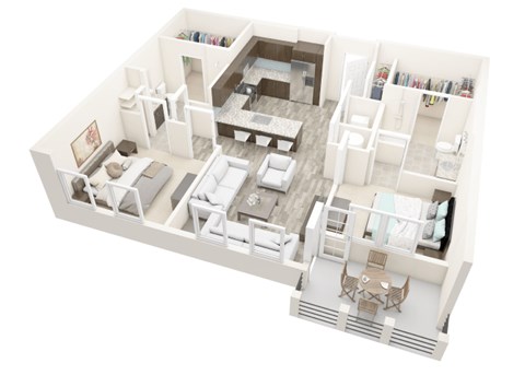A 3D floor plan of a house with a living room, dining room, kitchen, and two bedrooms.