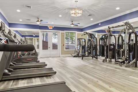 A gym with treadmills, weights, and exercise equipment.