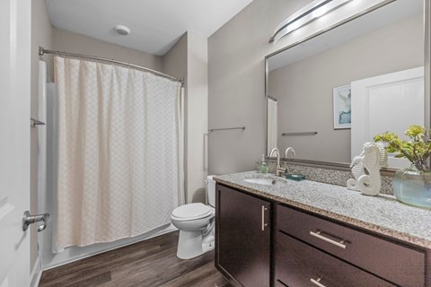 A bathroom with a toilet, sink, and shower curtain.