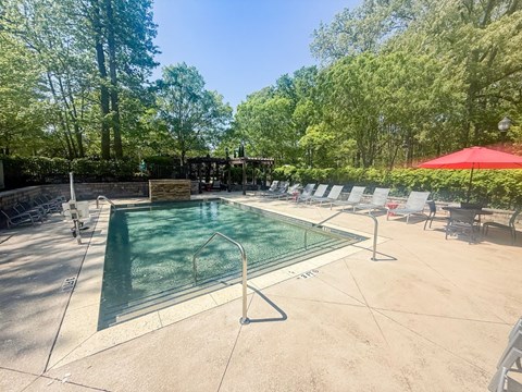 A pool surrounded by trees and chairs.