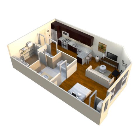A 3D rendered image of a house layout.