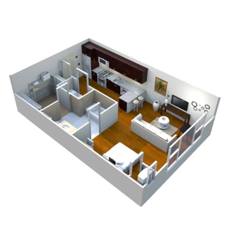 A 3D image of a small apartment with a kitchen, living room, and bedroom.