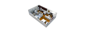 A 3D image of a house layout with a kitchen, living room, and two bedrooms.