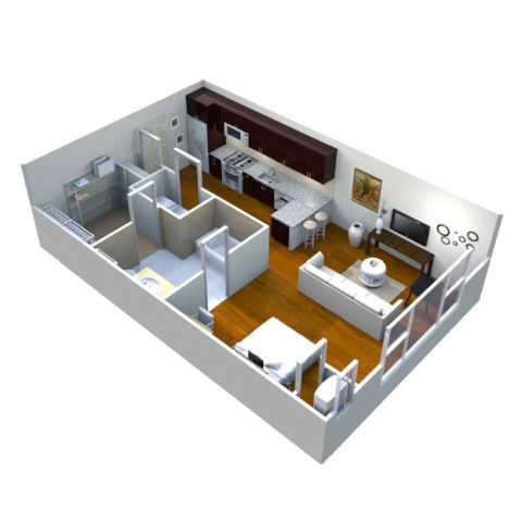 A 3D image of a house layout with a kitchen, living room, and two bedrooms.
