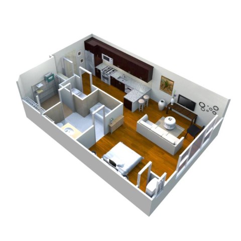 A 3D rendered image of a modern apartment layout.