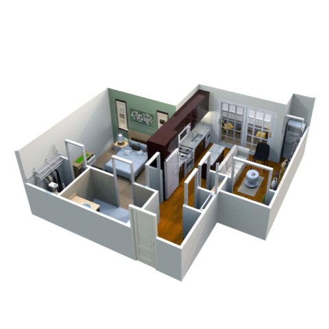 A 3D rendered image of a house layout.