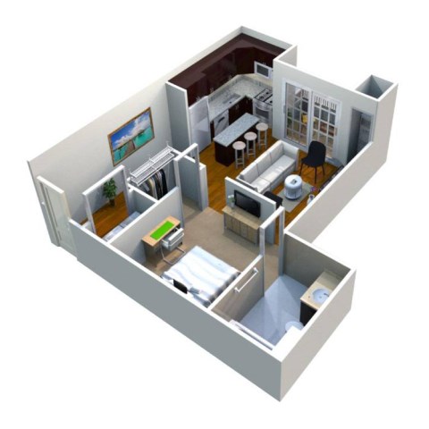 A 3D rendered image of a house layout.