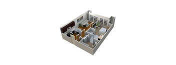 A 3D rendered image of a house layout.