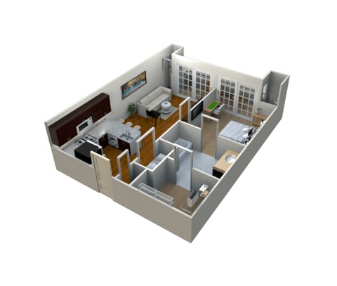 A 3D rendered image of a house layout.