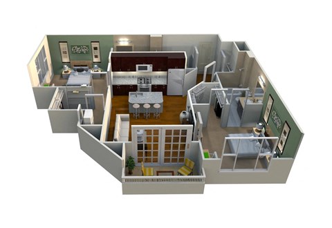 A 3D rendered image of a house layout.